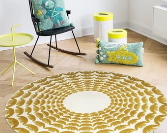 5x5 Round Rug ! Handmade ! 6x6, 7x7, 8x8 ! Tufted Wool ! Geometric ! White and Mustard Color ! Bed, Living Room Carpet