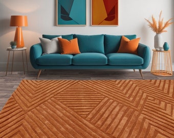 Orange Area Rug ! 6x8, 7x10, 8x10, 9x11 ! Hand Tuffed ! Geometric Wool ! Bedroom, Living, Kids Room Rug ! Contemporary Carpet