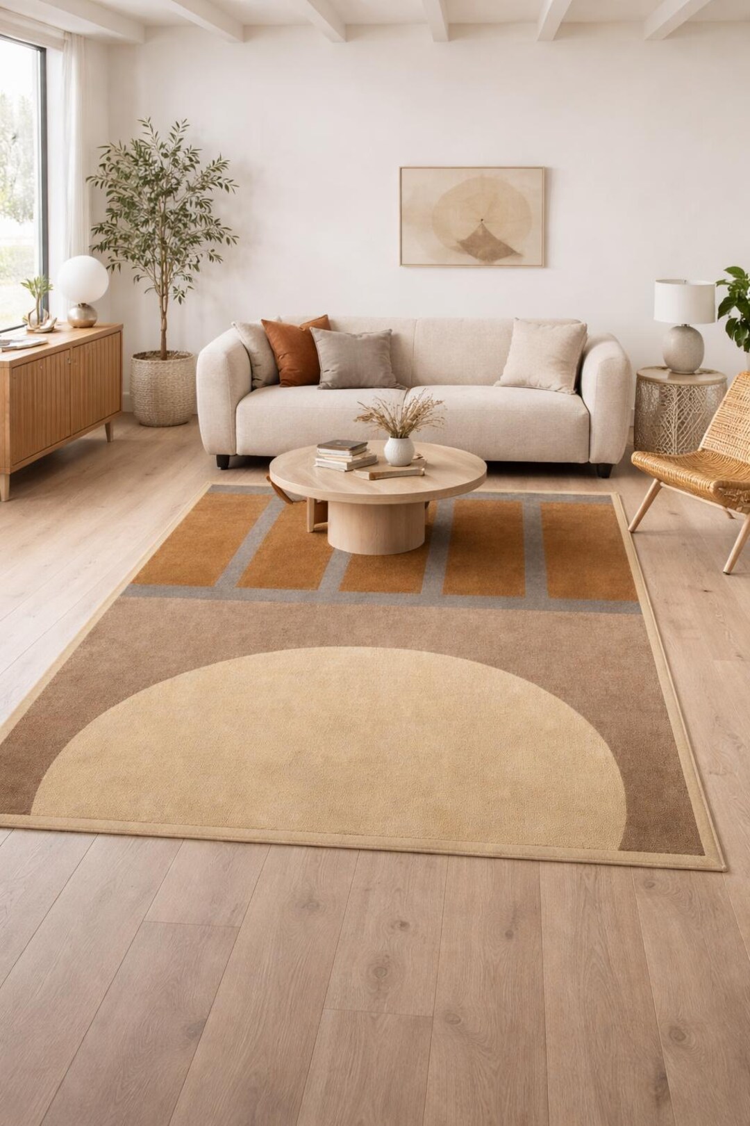 Muted Rug Hand Tufted Geometric Wool Area Rug Modern Arch Design Mid Century ...
