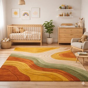 Hand-Tufted Wavy Pattern Rug – Modern Area Rugs in Rust, Mustard Sage Green