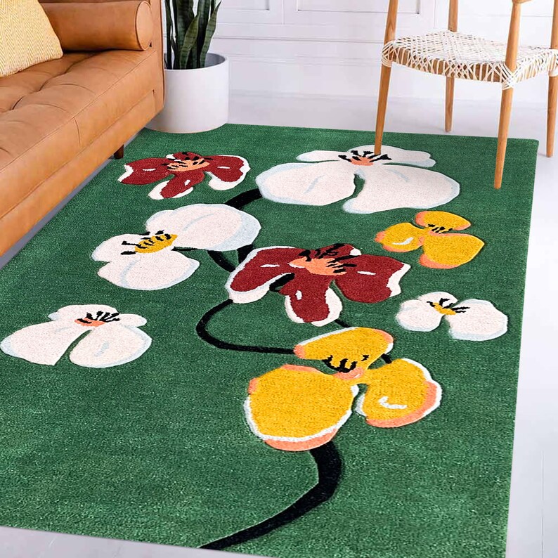 9x12 Floral Wool Rug, Green Carpet, Hand Tufted ! 8x11, 7x10, 6x9 ! Hallway, Dining, Living, Room ! Rectangular Rugs