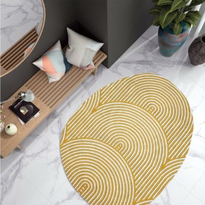 5x6 Oval Yellow Wool Rug | Scalloped Design | Hand Tufted | Modern Bedroom Rugs