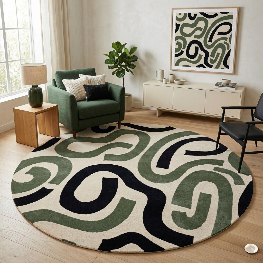 Rcc Rugs Modern Abstract Round Rug, 5ft, 6ft, 8ft Green Black Minimalist Pattern ...