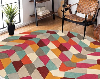 Round Area Rug ! 9X9, 8X8, 7X7 ! Abstract Rugs ! Multicolor Carpet ! Hand Tufted ! Bed, Living, Kids Room Carpets ! Woolen Floor Mats