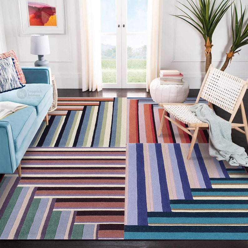 Tufted Wool Rug 6x9 7x10, 8x11, 9x13, 10x14 Geometric Design, Handmade Carpet, Bed, Living, Kids, Room, Hallway Rugs image 1