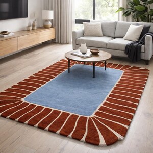 Hand Tufted Blue Area Rug 8x10 | Wool Area Rug | Terracotta Rug for Living Room