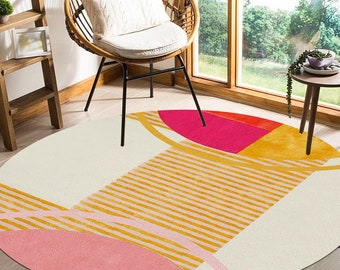 Handmade Retro Rugs | Tufted Area Carpet | Woolen Round Floor Mat | 10x10, 10X14, 12X12 | Multi Stripe Rugs | Soft Fluffy Mid Century Rugs