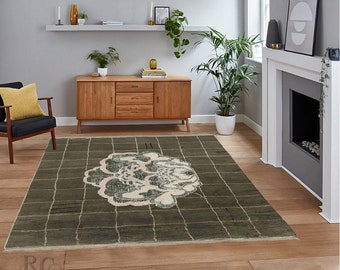 Green Rug for Living Room, Hand Knotted, 5x7, 6x8, 7x10, Knitted Wool Carpet, Lobby, Bed, Living Room Area Rug, Custom Available