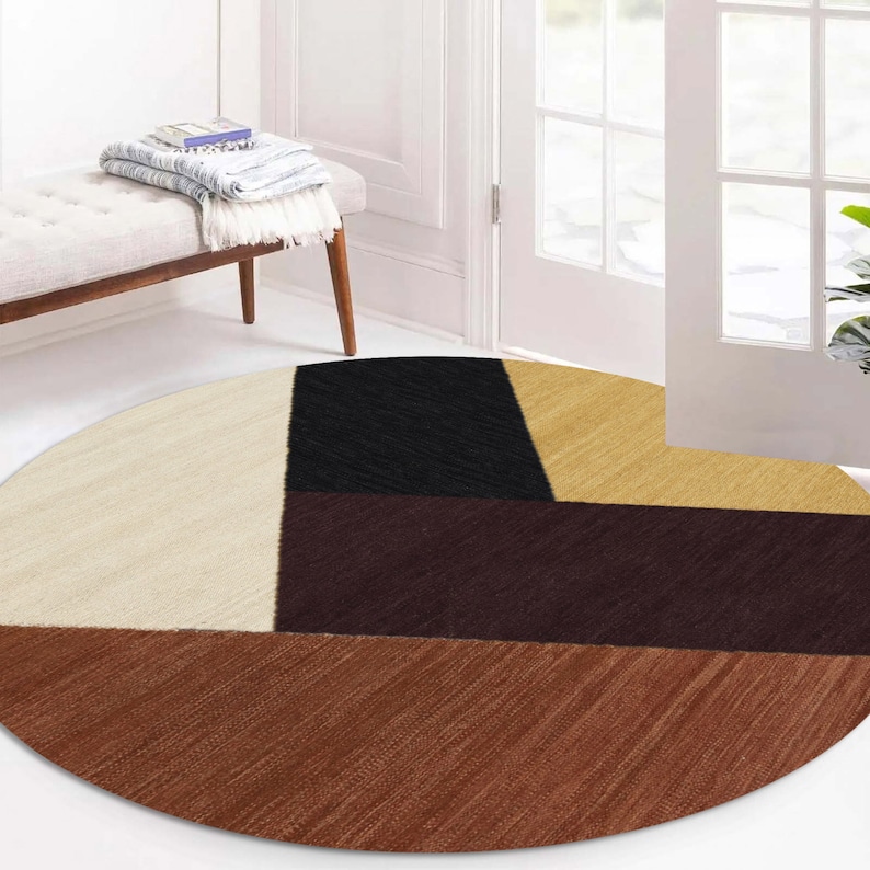 Flat Weave Carpet | Hand Woven Wool | 9x9, 10x10, 7x7, 12x12 | Round Area Rugs | Handmade | Contemporary Carpet | Living Room Rugs