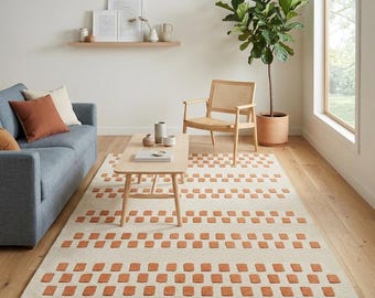 Alfombra de lana tejida a mano en tonos óxido y crema / Estilo moderno de mediados de siglo para sala de estar, dormitorio / 8x10, 5x7, 5x8