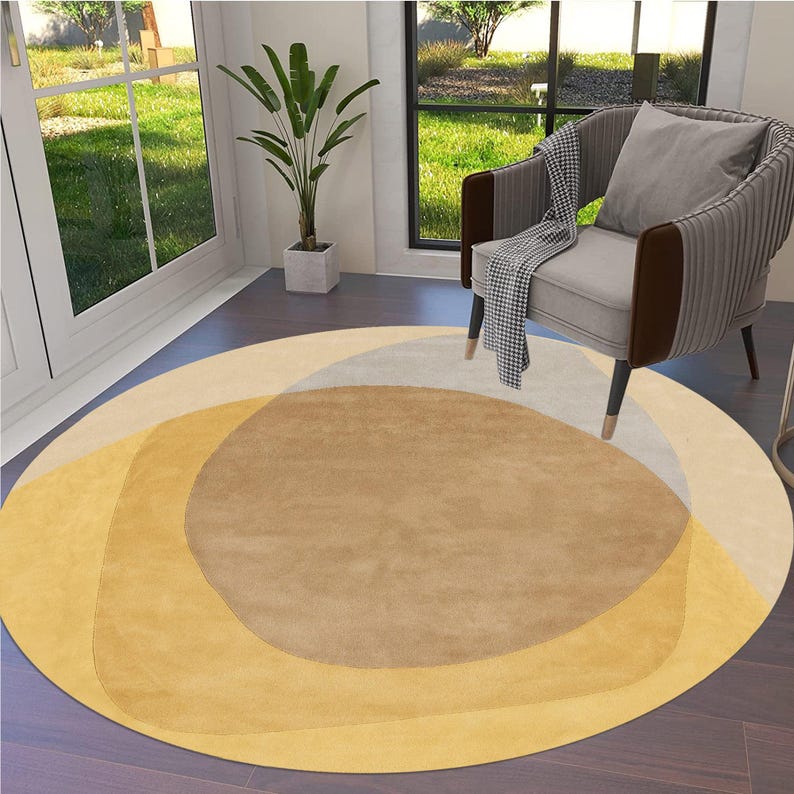 Yellow Round Rug, Hand Tufted, Modern Wool Rug, 9x9, 10x10, 12x12, 13x13, Large Area Rugs, Handmade Rugs, Living Room Rugs