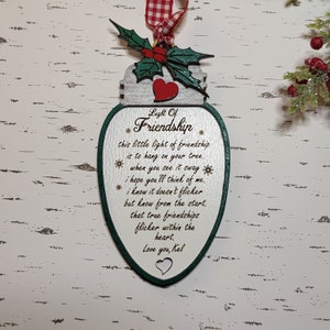 Light of Friendship Christmas Tree ornament. Gift for special friends,personalize with your name. Twinkle light shape, holly and hearts.