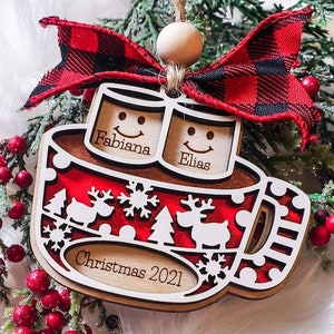 Customized, personalized Tree Ornament, Family Names or 1st Married Christmas. Marshmallows in mug of Cocoa, highly detailed, One-of-a-kind