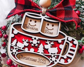 Customized, personalized Tree Ornament, Family Names or 1st Married Christmas. Marshmallows in mug of Cocoa, highly detailed, One-of-a-kind