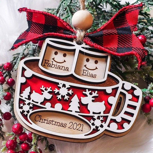 Customized, personalized Tree Ornament, Family Names or 1st Married Christmas. Marshmallows in mug of Cocoa, highly detailed, One-of-a-kind