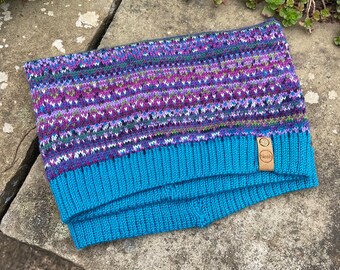 Purple and green knitted fair isle snood