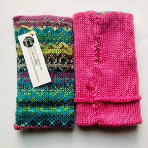 Pink, turquoise and purple fair isle knitted wrist warmers image 3