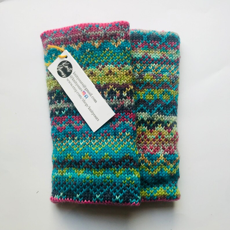 Pink, turquoise and purple fair isle knitted wrist warmers image 4