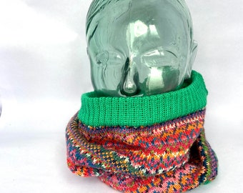 Orange and green knitted fair isle snood