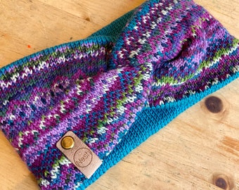 Knitted teal, green and purple fair isle headband.