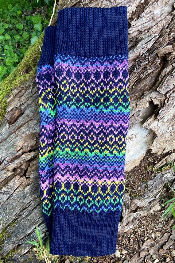 Pastel Rainbow Knitted Fair Isle Leg Warmers With Navy Background and Rib.  