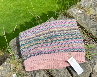 Rose pink and green knitted fair isle snood