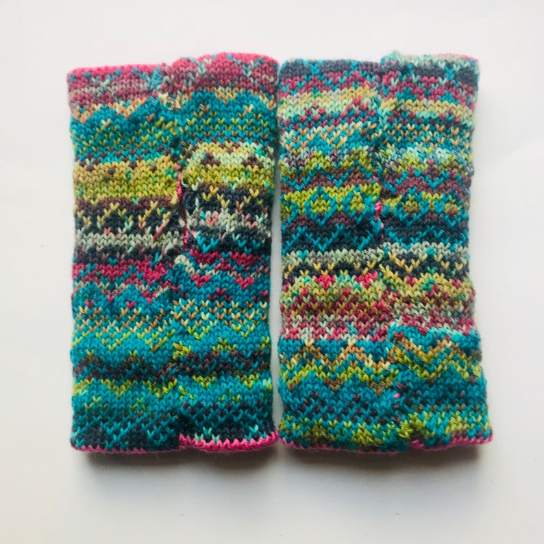 Pink, turquoise and purple fair isle knitted wrist warmers image 2