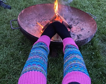 Pink, blue and green knitted fair isle leg warmers with bright pink rib.