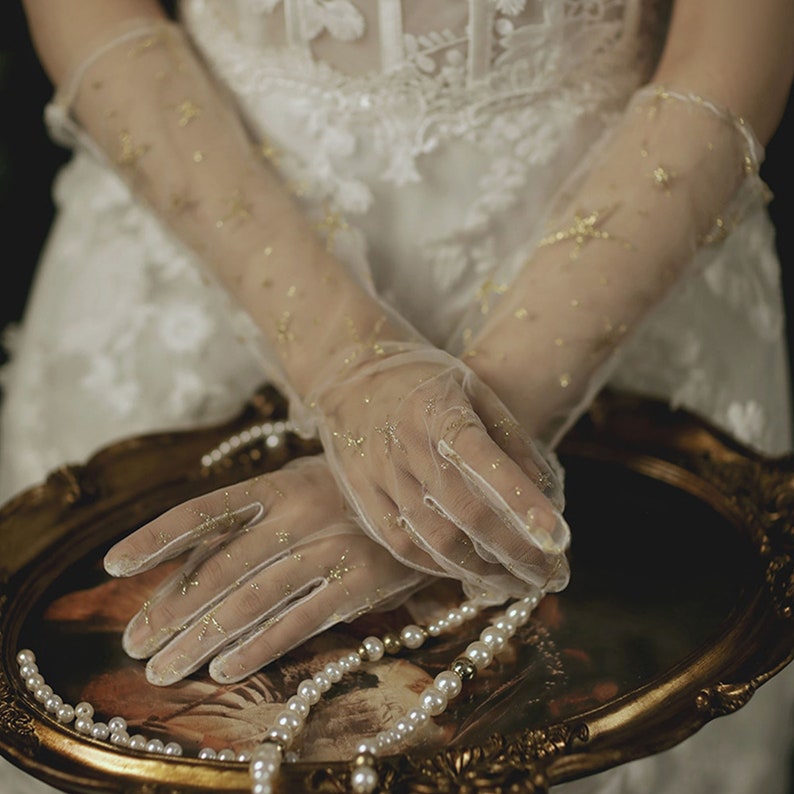 Golden Star Tulle Gloves,Elegant Long Mesh Gloves,Sheer White Lace Gloves