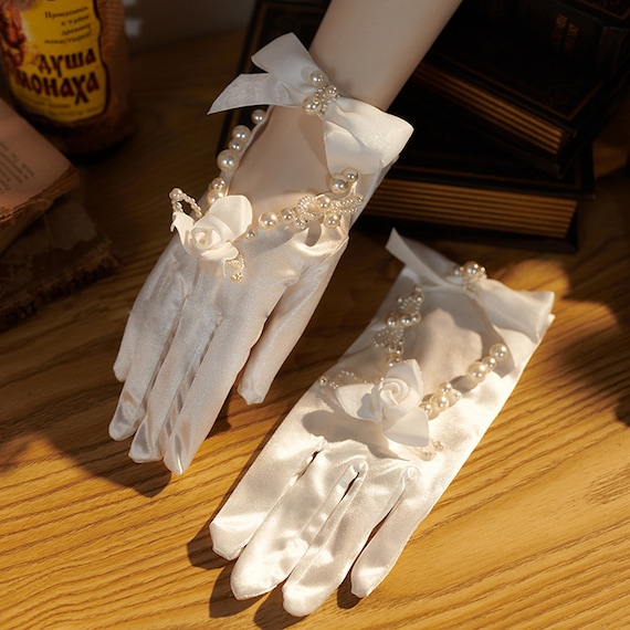Elegant White Gloves for Woman pearl Hollow Gloves soft Satin