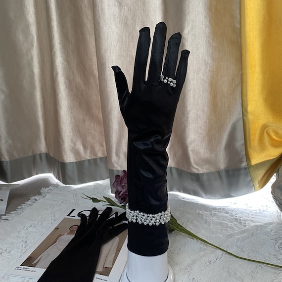 Vintage Hepburn Long Gloves for Women pearl Black Satin Gloves