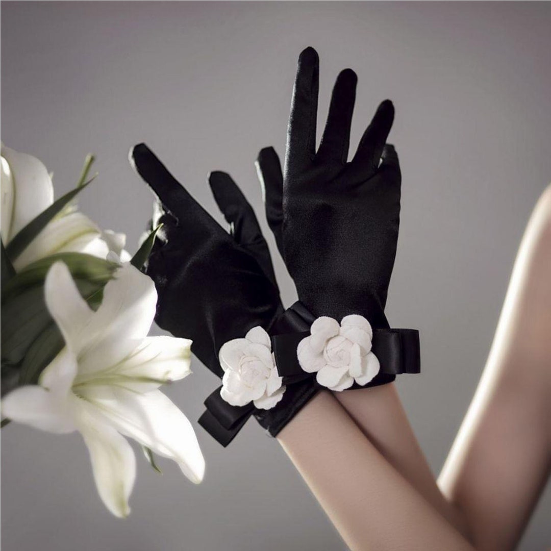 Vintage Hepburn Short Gloves,white Flower Satin Gloves,black Bridal ...