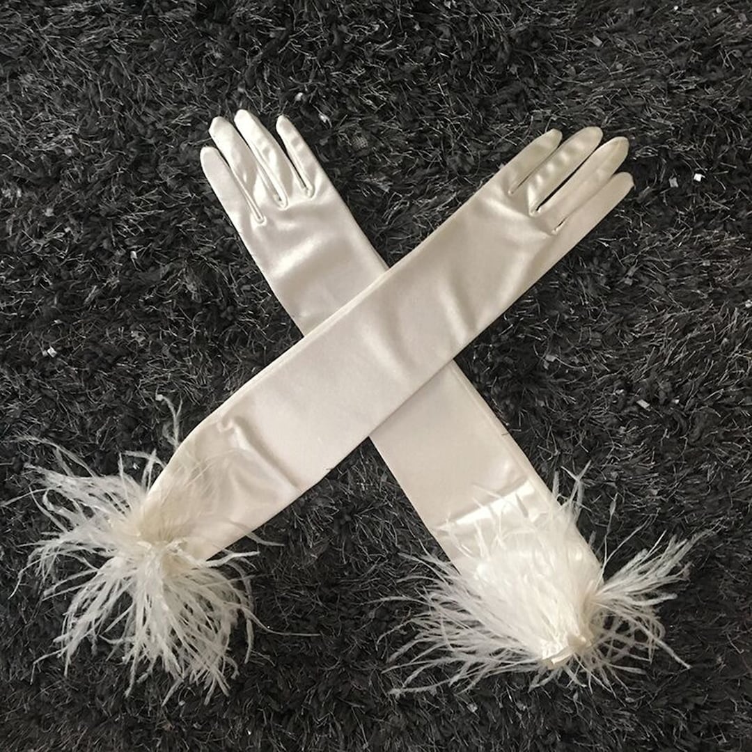 Vintage Satin Gloves Bridal Feather Gloves White Wedding Etsy