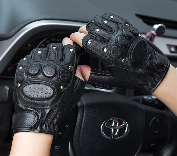 Gants demi-doigts en peau de mouton pour hommes, gants d'escalade de  conduite de vélo, gants tactiques de moto, gants en cuir Cyberpunk Goth  Punk Ninja -  France