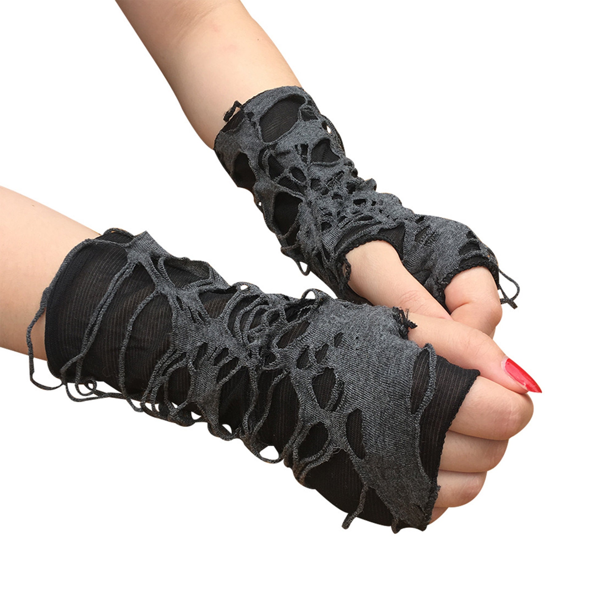 Black Ripped Gloves Halloween Gloves Goth Steampunk Gloves Etsy