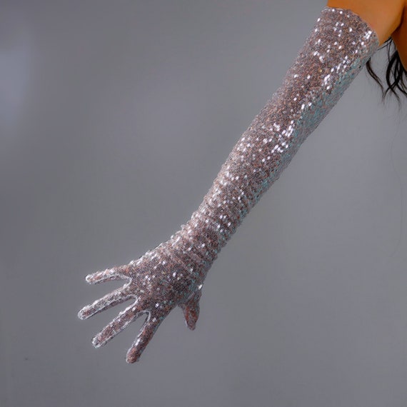 Long silver cheap evening gloves