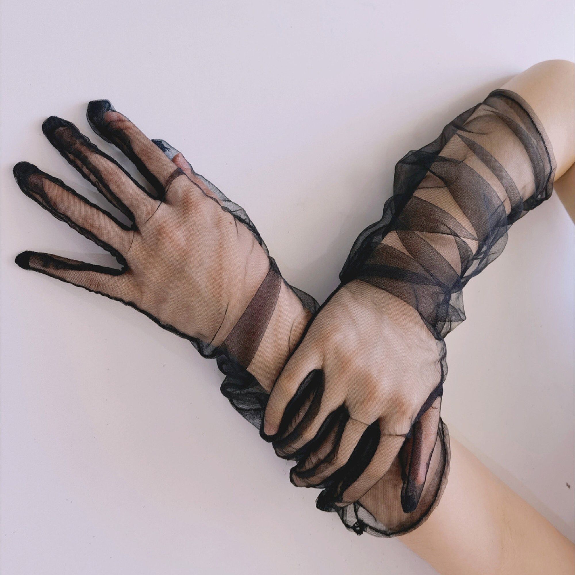 Black Tulle Gloves, Night Print Tulle Gloves