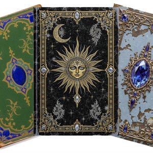 May include: Three ornate, antique-style books with intricate designs. The covers feature celestial and jewel motifs in gold, silver, and blue against backgrounds of green, black, and light blue. The central book displays a sun and moon design.