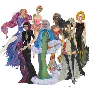 Papel de moda de bellezas encantadas, damas bellamente vestidas, ilustradas por Cat Stone, con fondos de escenario; imprimible para diarios basura