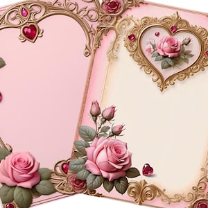 May include: Two ornate pink and gold frames with heart and rose motifs. The frames feature pink backgrounds, gold filigree, and red heart-shaped gems. Realistic pink roses and green leaves adorn the corners, creating a romantic and elegant design.