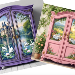 Pode incluir: Dois armários de madeira de estilo antigo com detalhes ornamentados. Os armários são pintados em um vibrante roxo e rosa. Cada porta apresenta uma pintura de paisagem. O armário roxo representa um castelo refletido em um lago com cisnes. O armário rosa mostra uma cena de jardim com uma mesa posta para o chá.