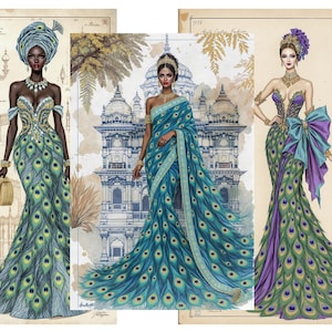 May include: Three illustrations of women in elegant gowns with peacock feather designs. The gowns are in shades of blue, green, and purple. The backgrounds feature architectural sketches and drawings, with text in the upper left corner of the image.