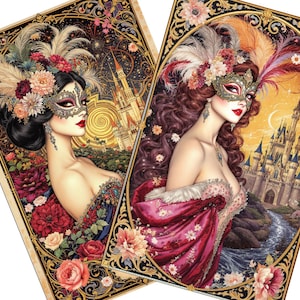 May include: Two art prints featuring women in ornate masks and floral headdresses. The women are set against a backdrop of a castle and fireworks. The prints have a gold border with floral accents, creating a vintage aesthetic.