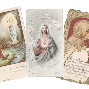 Afdrukbare set Mother Mary, inclusief vintage gebedskaarten, antieke Franse boekpagina's, omslag, engelen, kerkdeuren en meer!