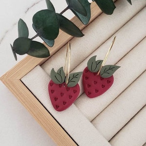 Polymer Clay Strawberry Hoop Earrings| Boho Earrings| Fruit Polymer Clay Earrings| Handmade Clay Earrings| Valentine Clay Earring| Food Clay