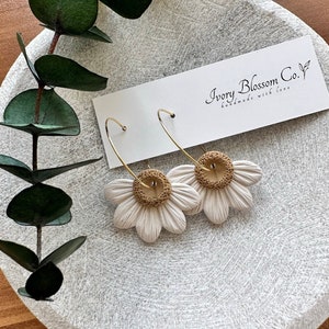 Polymer Clay Half Daisy Hoop Earring Boho Earrings Floral Polymer Clay Earrings Handmade Clay Earrings Sunflower Clay Hoops Spring Clay Ivory/LightBrown