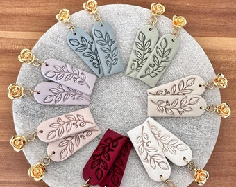Polymer Clay Leaf Dangle Earrings| Boho Earrings| Floral Polymer Clay Earrings| Rose Dangle Earrings| Handmade Clay Earrings| Spring Clay
