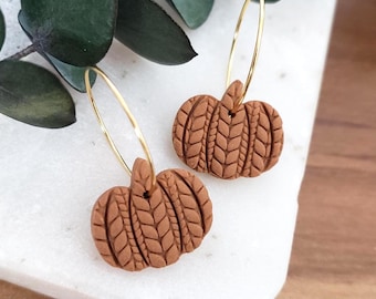 Cable Knit Pumpkin Hoop Earrings in Burnt Orange, Ivory or White, Handmade Polymer Clay Cozy Autumn Jewelry