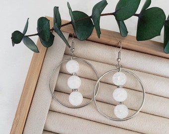 White Quartz Hoop Dangle Earrings| Silver Hoop Dangle Earrings| Silver Dangle Earrings Women| Silver Hoops| Quartz Dangle Earrings