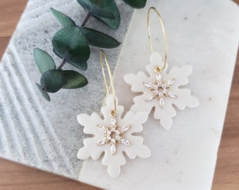 Polymer Clay CZ Snowflake Earrings| Boho Earrings Santa| Christmas Polymer Clay Earrings| Handmade Clay Earrings| Winter Clay Earrings